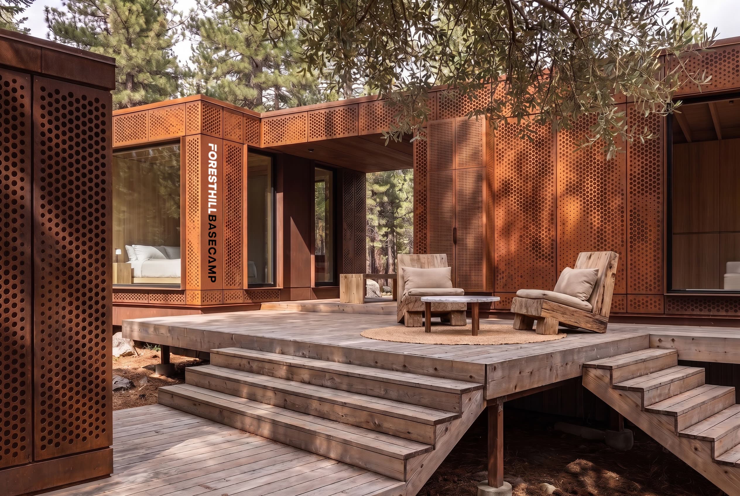 Corten units around a raised deck in the pines, with lounge chairs and a bed visible through the glass