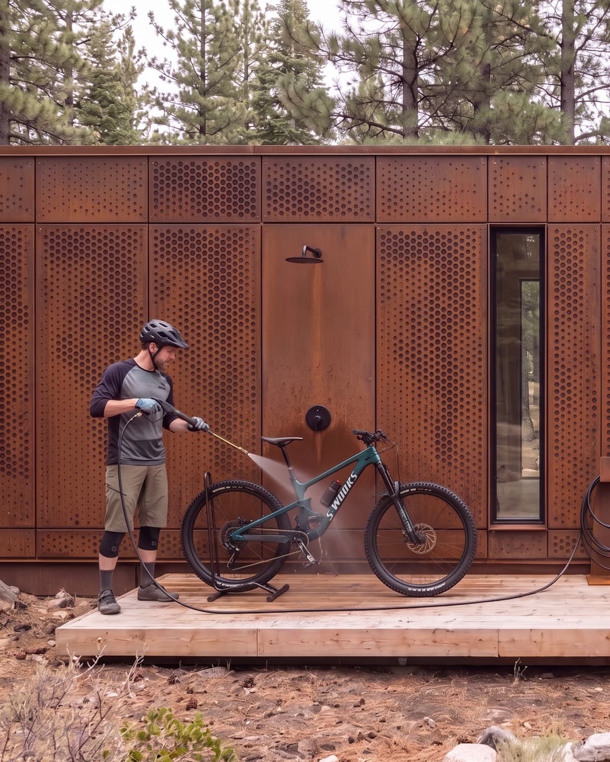 A rider hosing down a mountain bike at the outdoor rinse on the deck